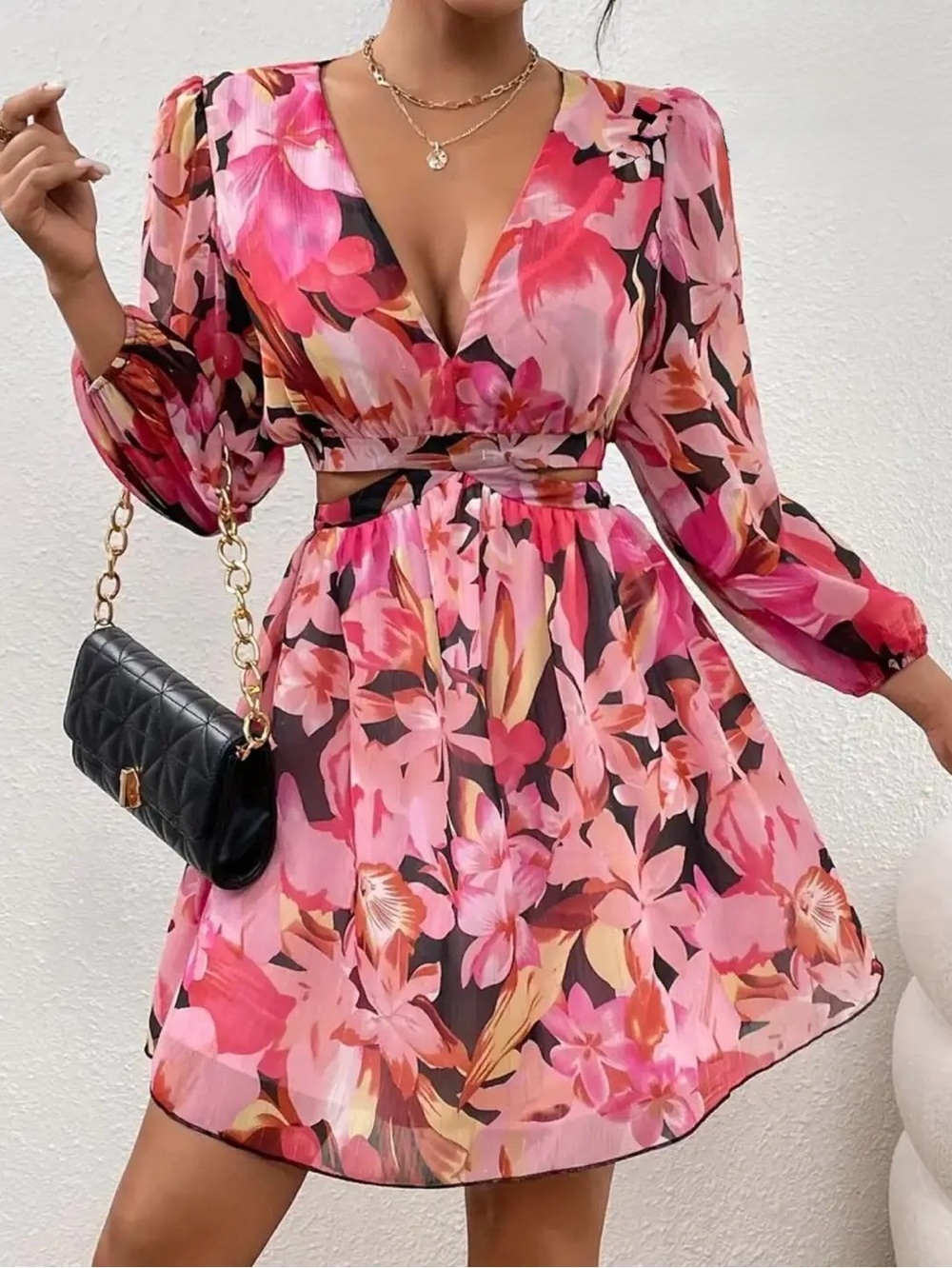 Pink Floral V-Neck Cutout Mini Dress Size XL